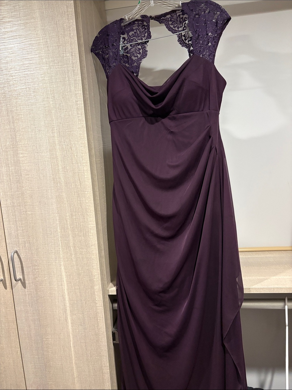 Xscape Plum Purple Lace-Shoulder Maxi Dress